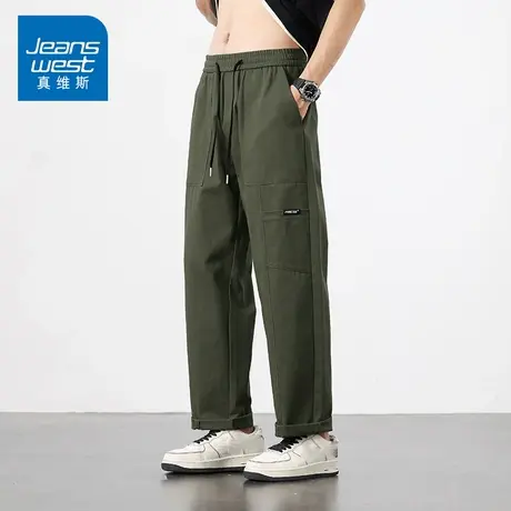 KZ真维斯纯棉工装直筒休闲长裤男士松紧腰抽绳军绿色男裤子春秋季图片