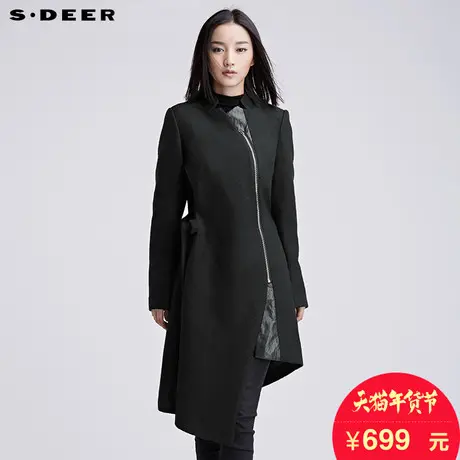 sdeer圣迪奥女2018冬装设计感先锋斜襟系绳不规则摆大衣S16481703图片