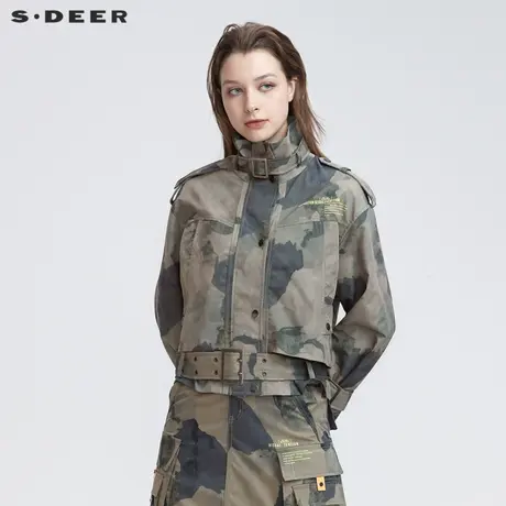 sdeer圣迪奥女22春夏新品立领撞色字母迷彩收腰短款外套S22182222图片