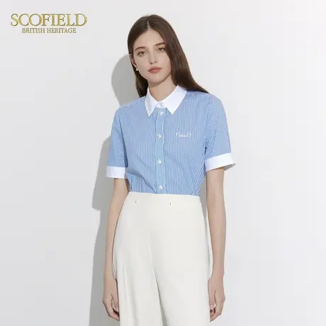 Scofield女装蓝白条纹短袖减龄清新通勤修身衬衣夏季上衣商品大图