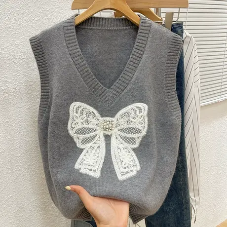 设计感蝴蝶结钉珠针织马甲女秋冬V领洋气叠穿毛衣坎肩女外搭背心商品大图