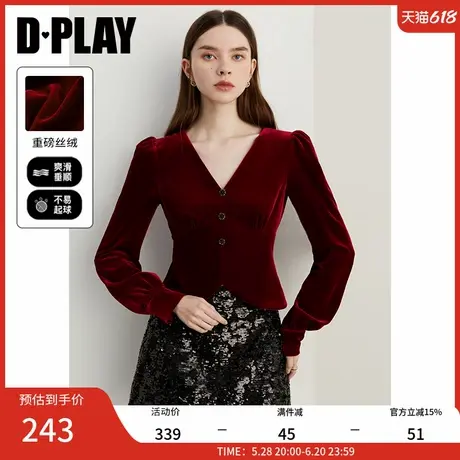 DPLAY2025年春季新款法式红色衬衫女丝绒上衣复古洋气港风衬衣图片