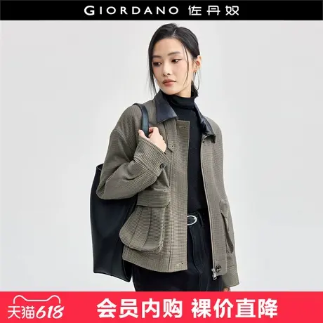 佐丹奴短款外套女复古怀旧千鸟格拼接撞色翻领工装夹克女18374918图片