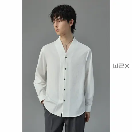 w2x秋季无领新中式长袖衬衫男高级感痞帅设计感衬衣休闲百搭寸衫商品大图