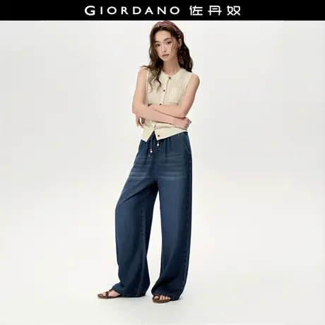 设计师款佐丹奴裤子女串珠抽绳松紧腰直筒阔腿牛仔长裤女18415810图片