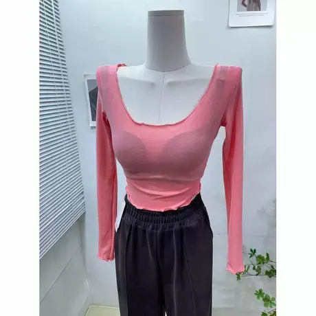 若隐若现~薄款微透大圆领长袖T恤女紧身性感短款内搭打底衫上衣秋图片