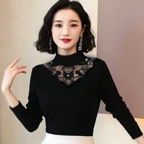 半高领网纱打底衫女秋冬季内搭小衫长袖t恤蕾丝加绒加厚上衣图片