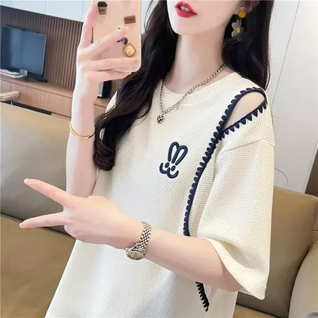 设计感小众短袖t恤女夏季韩版宽松大码女装华夫格撞色露肩上衣服图片