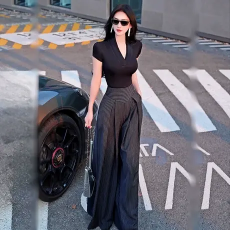 VJE春夏季黑色条纹阔裤腿女2025新款时尚气质百搭垂感休闲长裤商品大图