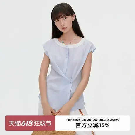 omont蛋挞家复古撞色一字领无袖衬衫2025夏季不规则下摆收腰上衣商品大图