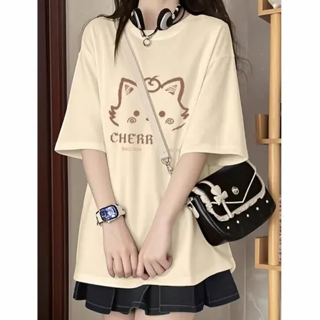 美式高街杏色短袖t恤女2025新款纯棉半袖宽松初中高中学生上衣潮图片