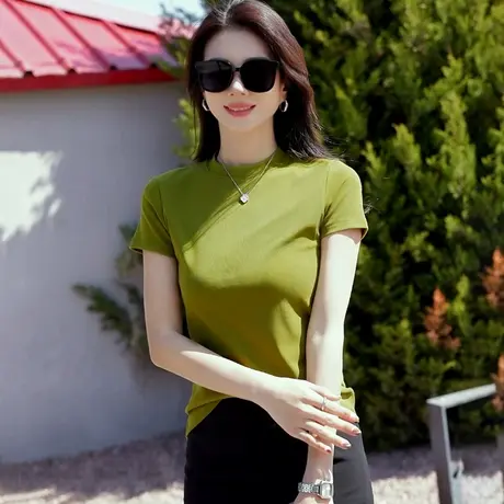 螺纹短袖t恤女夏季新款芥末绿半高领修身显瘦正肩半袖上衣打底衫商品大图