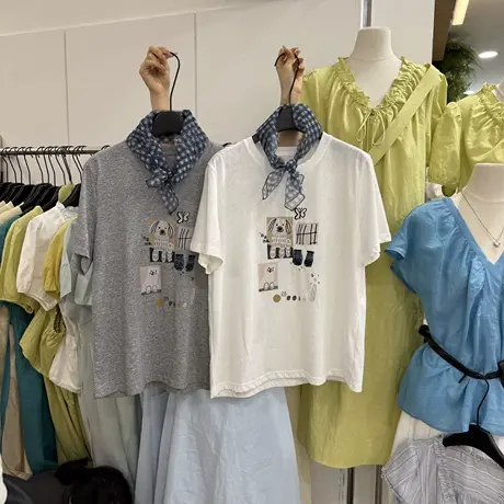 韩系清新圆领印花雪花棉短袖T恤女2025夏季新款宽松百搭减龄上衣图片
