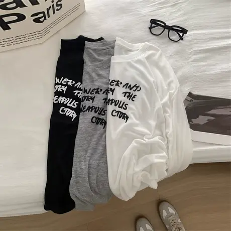 美式复古长袖防晒罩衫女夏季韩版宽松外搭薄款微透空调上衣T恤潮商品大图