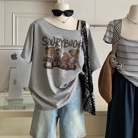 vintage美式慵懒风斜肩短袖T恤女别致ins超火纯欲风露肩气质上衣商品大图