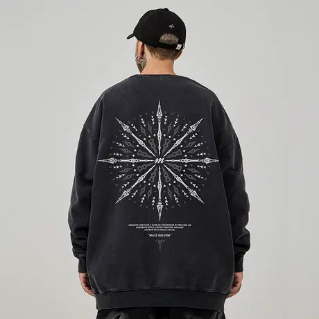 2025加肥加大码复古圆领美式重磅胖子男装宽松做旧卫衣纯棉春秋款图片