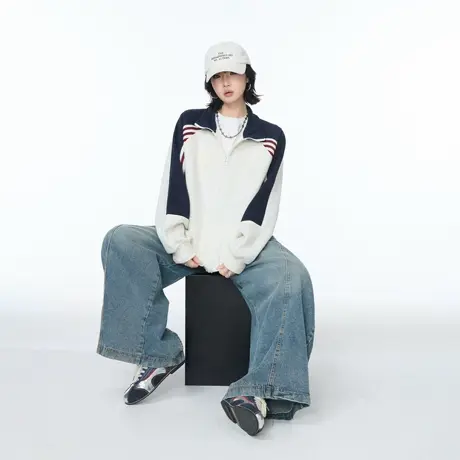 美式撞色拼接织带运动休闲外套女春秋学院风拉链卫衣开衫棒球服图片