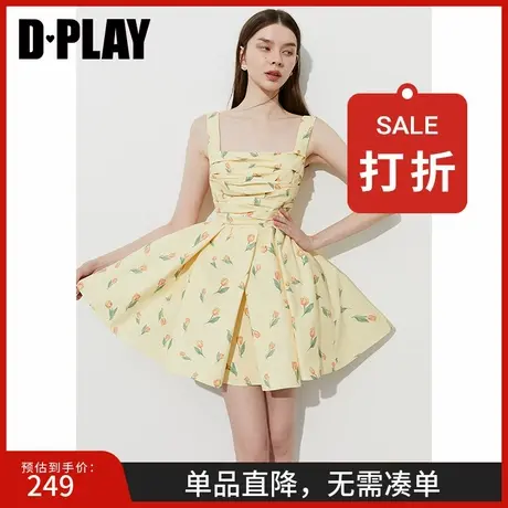 DPLAY【度假系列】2025年夏季新款黄色连衣裙女小个子印花沙滩裙商品大图