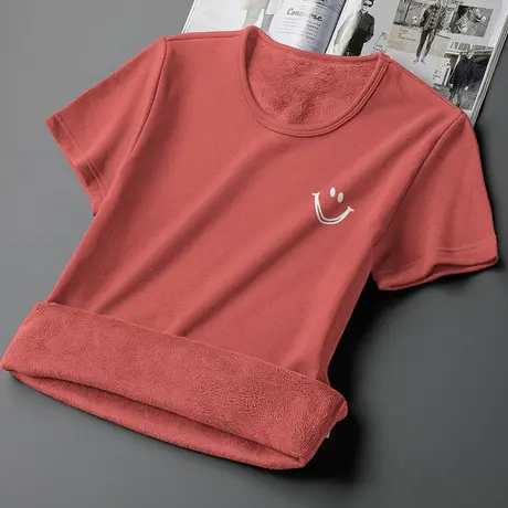 短袖t恤男生圆领上衣服潮流印花加绒加厚体恤秋冬保暖半袖打底衫商品大图