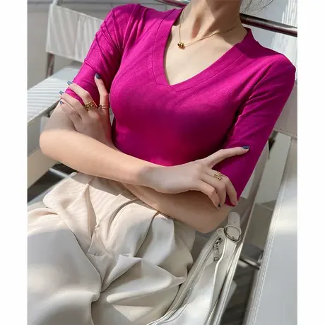 v领打底衫女半袖2022新款春季修身百搭内搭外穿洋气时尚中袖t恤潮图片