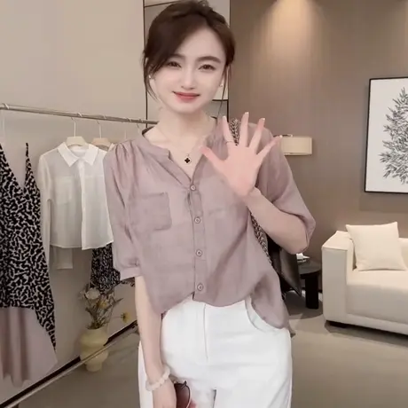 夏季V领苎麻短袖衬衫女上衣2025新款宽松棉麻衬衣百搭休闲小衫商品大图