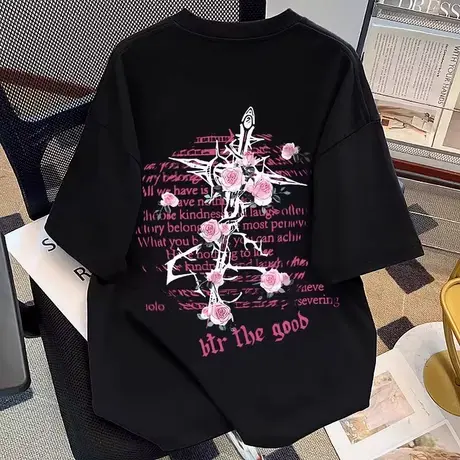 美式玫瑰印花纯棉短袖t恤男女潮牌夏季oversize宽松情侣百搭上衣商品大图