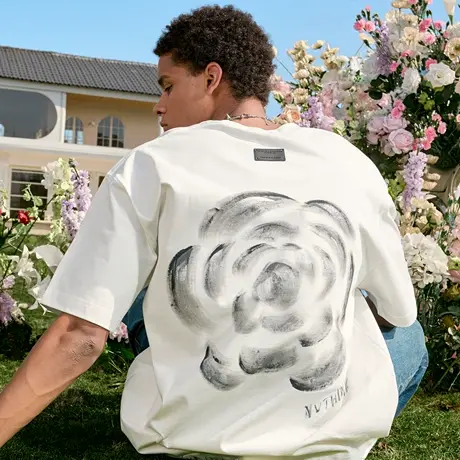 Nuthink潮牌水墨玫瑰印花短袖T恤美式半袖纯棉薄款男女2025夏新款图片