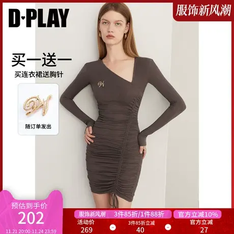 DPLAY2023秋装新气质灰抽绳收腰不对称领型设计感弹力连衣裙图片