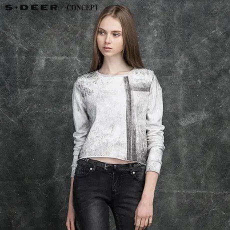 sdeer【买3免1】圣迪奥女新款文艺水墨印花短款t恤S16182267图片