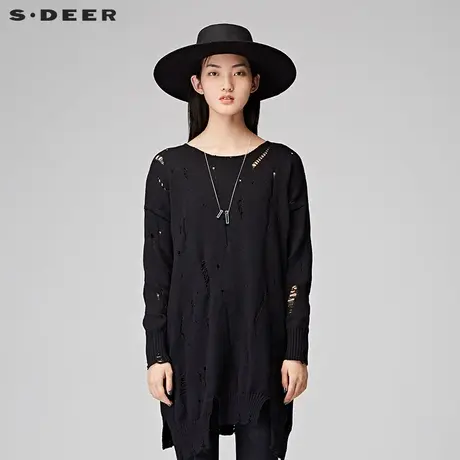 sdeer圣迪奥2018冬款个性破洞镂空中长款宽松针织毛衣女S17483567图片