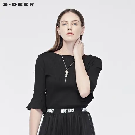 sdeer圣迪奥女优雅休闲圆领修身荷叶袖纯黑针织S19160201图片