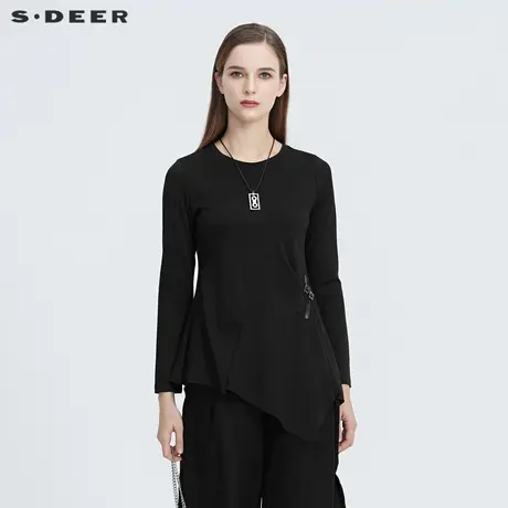 sdeer圣迪奥冬季女装通勤圆领拼接不规则长袖黑色T恤S20480208图片