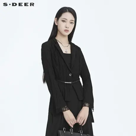 sdeer圣迪奥秋V领腰带褶皱蕾丝拼接西装外套S20182214图片