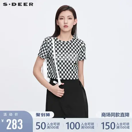 sdeer圣迪奥22夏装新品个性圆领格纹字母修身短款T恤女S22280174图片