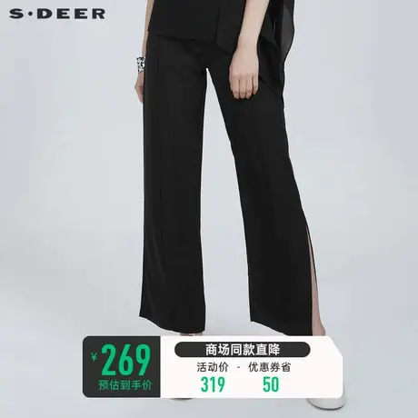sdeer圣迪奥夏装女时尚休闲松紧系带拼接黑色直筒长裤S21280849图片
