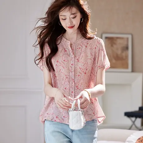 宝诗黎圆领印花短袖雪纺衫2025新款洋气减龄百搭夏季休闲小衫上衣商品大图