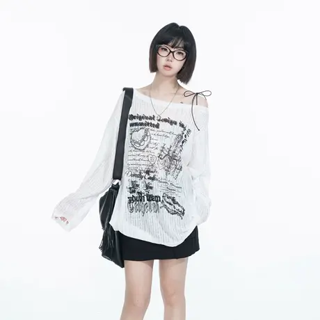 2025春夏新款系带印花长袖斜肩型T恤女潮酷宽松ins风设计感一字肩图片