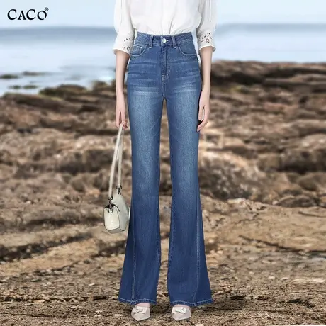 喇叭牛仔裤女长裤2025春新款复古蓝斜裁修身显瘦高腰绣花加长裤商品大图