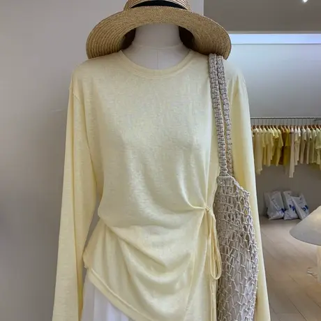 莱赛尔轻薄款侧系带设计显瘦凉感长袖防晒T恤宽松遮肉慵懒风罩衫商品大图