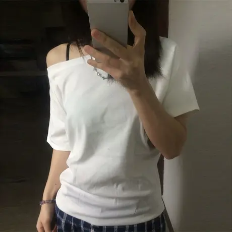辣妹露肩一字肩短袖T恤女夏季宽松显瘦韩版百搭纯欲性感斜领上衣图片
