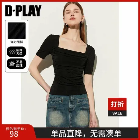 DPLAY2025夏季黑色气质百搭通勤修身方领上衣打底衫T恤女图片