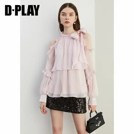DPLAY2025春季新款法式粉色衬衫女挂脖露肩雪纺衫宽松上衣长袖商品大图
