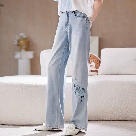 宝诗黎烫钻刺绣拼接蓝色牛仔裤2025夏季洋气百搭宽松阔腿直筒裤女商品大图