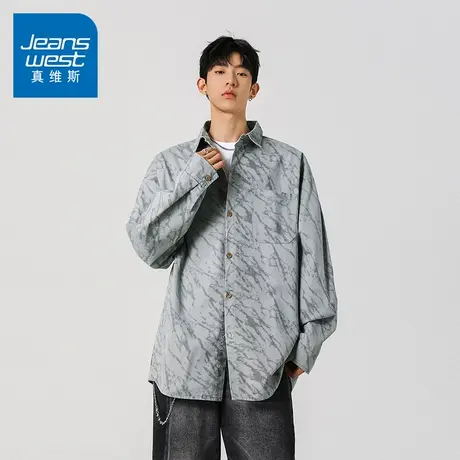 N5真维斯男士长袖衬衫2025秋季新款美式潮流复古男生休闲宽松衬衣商品大图