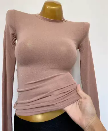 2021秋装性感紧身小圆领显胸长袖上衣女弹力包身微透T恤打底衫女商品大图