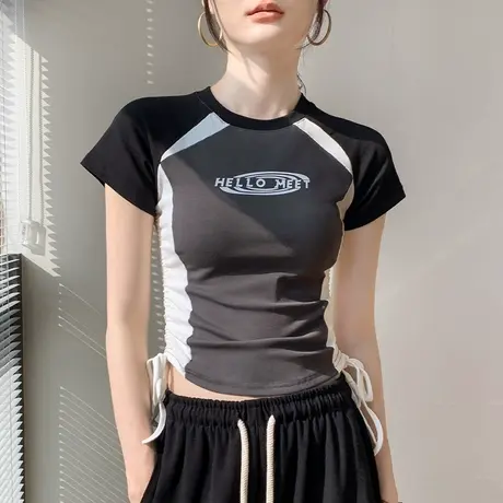 美式复古风辣妹短袖T恤女2025春季新款性感修身正肩内搭抽绳上衣图片
