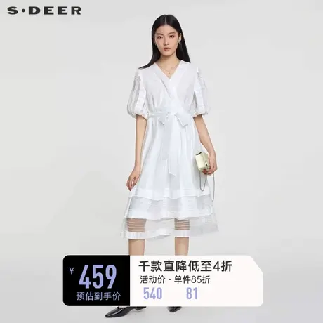 sdeer圣迪奥女装V领收腰网纱泡泡袖连衣裙S232Z1205图片