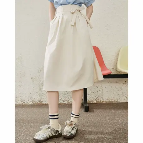 a02收腰系带文艺显瘦高腰半截裙夏季纯色简约气质中长款裙图片