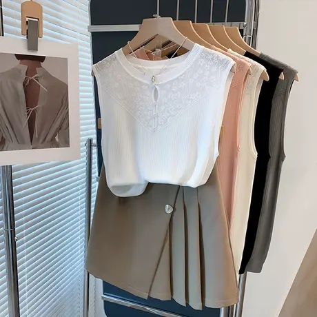圆领冰丝钉珠针织背心女2025夏装新款内搭上衣外穿蕾丝无袖t恤衫图片
