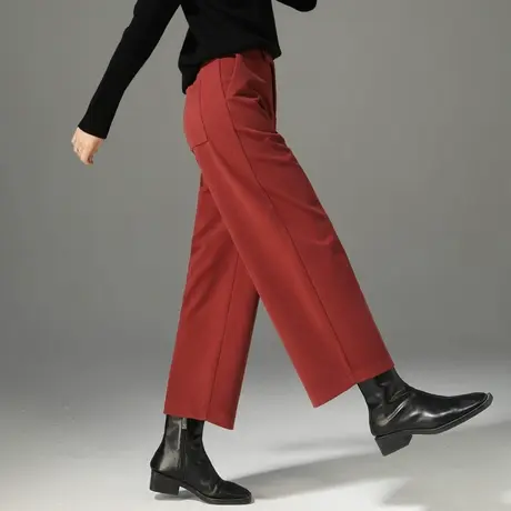 红色秋冬毛呢阔腿裤女2024新款休闲高腰宽松小个子加厚直筒九分裤商品大图